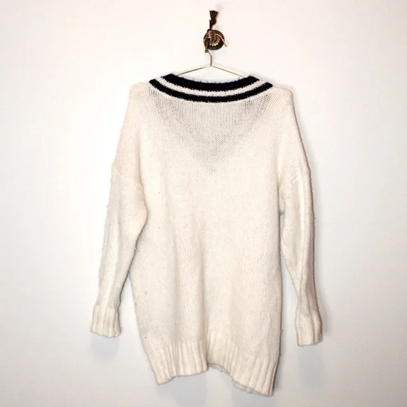 Aerie Oversized White + Navy Cable Knit Varsity Sweater - Picture 3 of 4